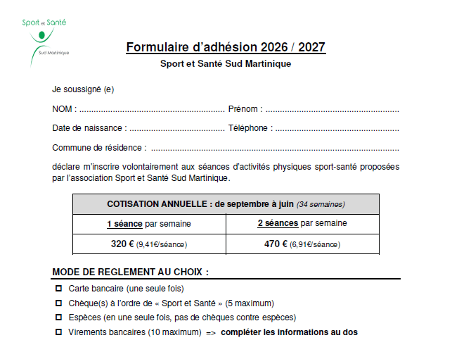 Formulaire d'adhésion à Sport et Santé Sud Martinique 2026-2027
